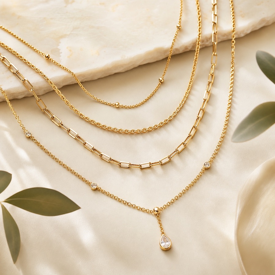 Chains jewellery on a warm ivory surface
