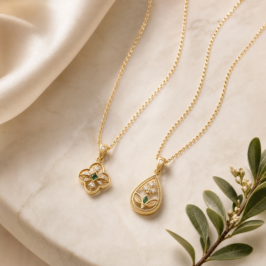 Pendants jewellery on a warm ivory surface