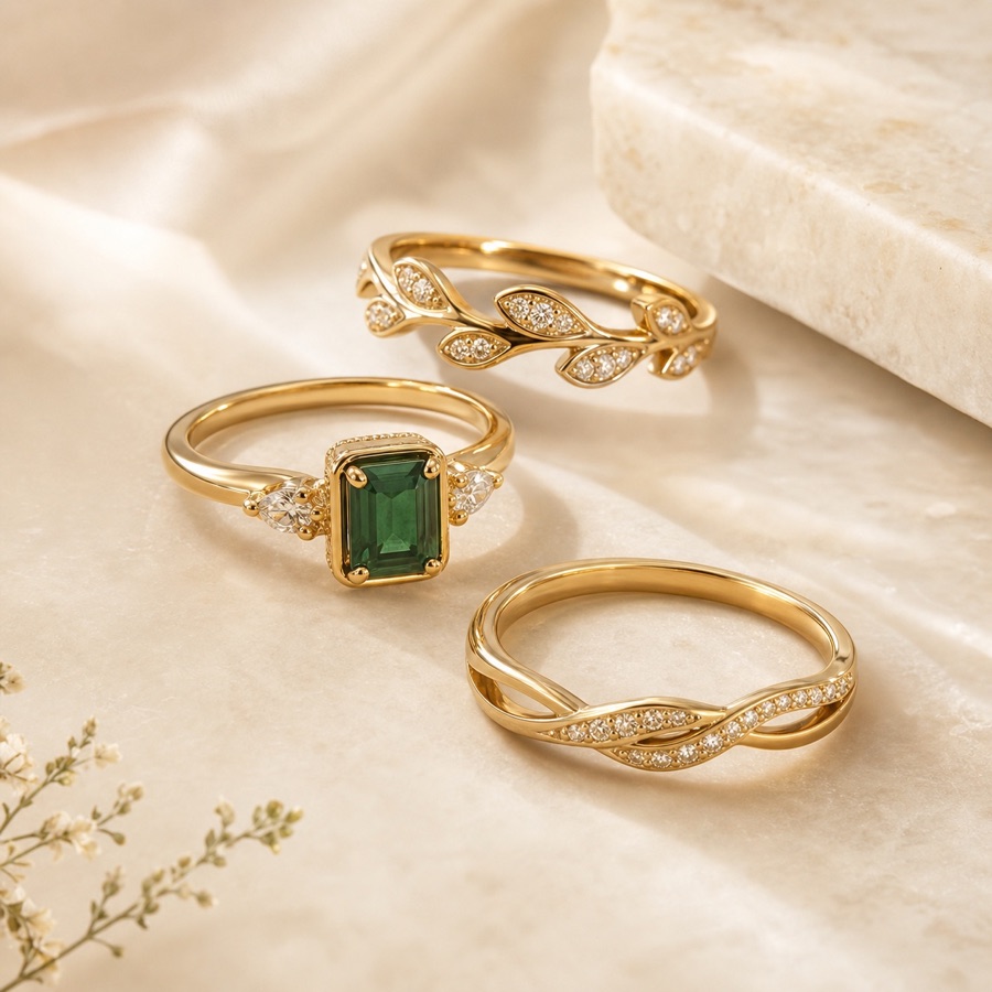 Rings jewellery on a warm ivory surface